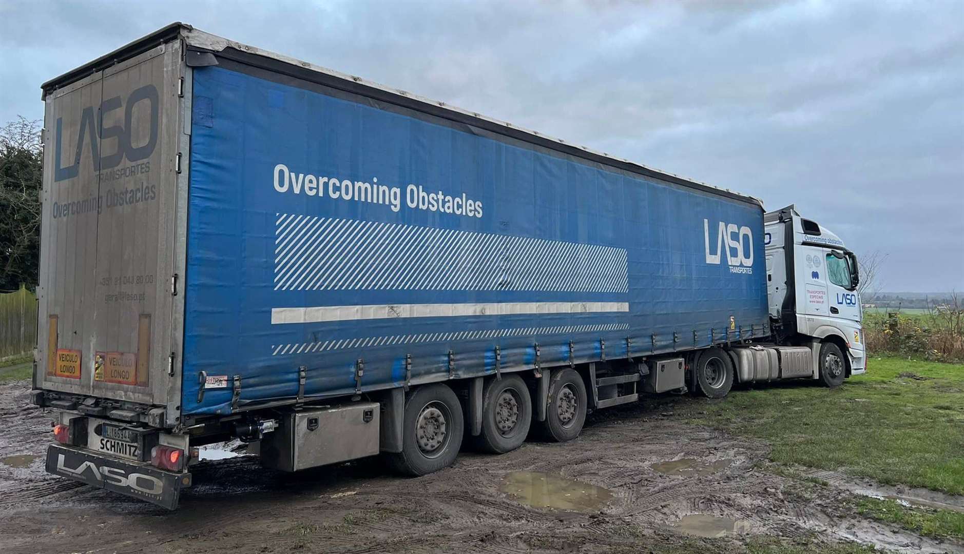 A lorry driver had to be rescued from the mud in Mersham after taking a wrong turn to the Sevington IBF. Picture: Rupert Collingwood