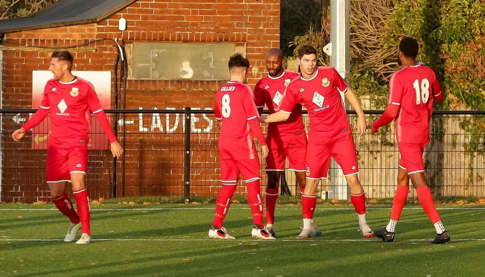 In-form Whitstable Town celebrate on another productive Saturday afternoon. Picture: Les Biggs