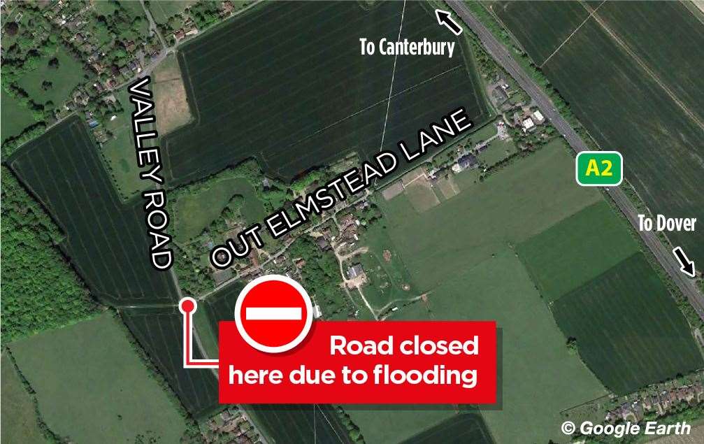 The Valley Road junction closure means the only way in or out of Out Elmstead Lane is via the A2