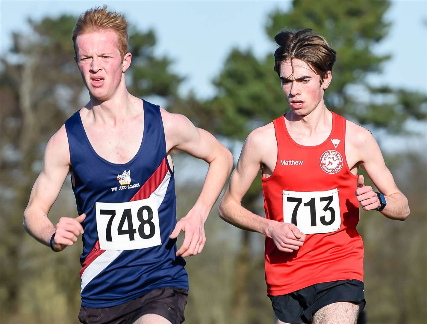 James Kingston (Tonbridge) and Matt Stonier (Canterbury & St Augustine's) side by side in the senior boys' race at the Kent Schools Cross-Country Championships Picture: Alan Langley FM27057261