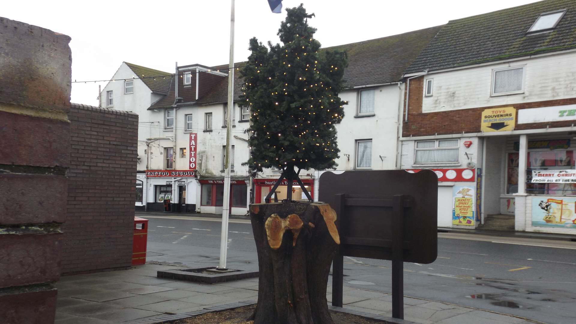 The sad tree was mounted on a stump outside public toilets