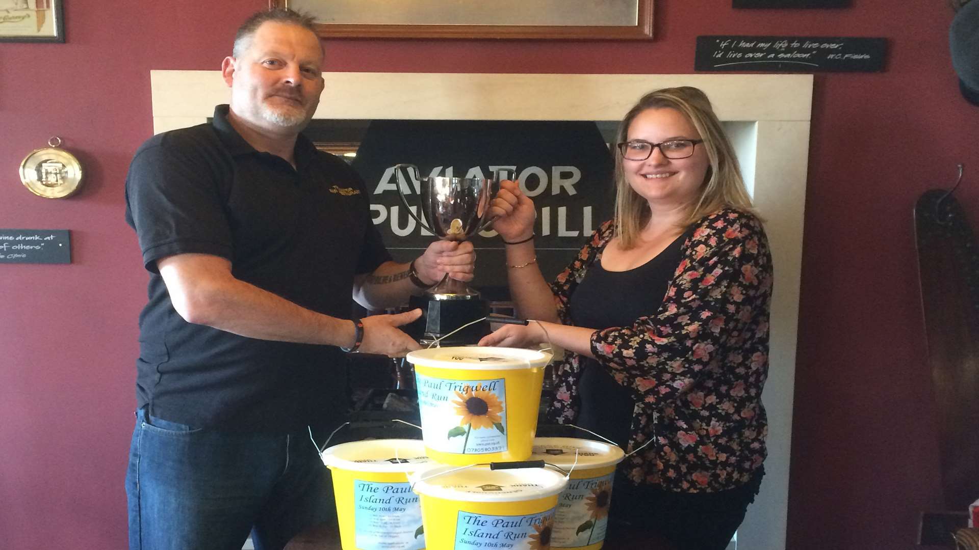 Phil Chislet, manager of the Aviator pub in Queenborough with Bethan McIntosh at the launch of the Paul Trigwell Island Run Bucket Challenge.