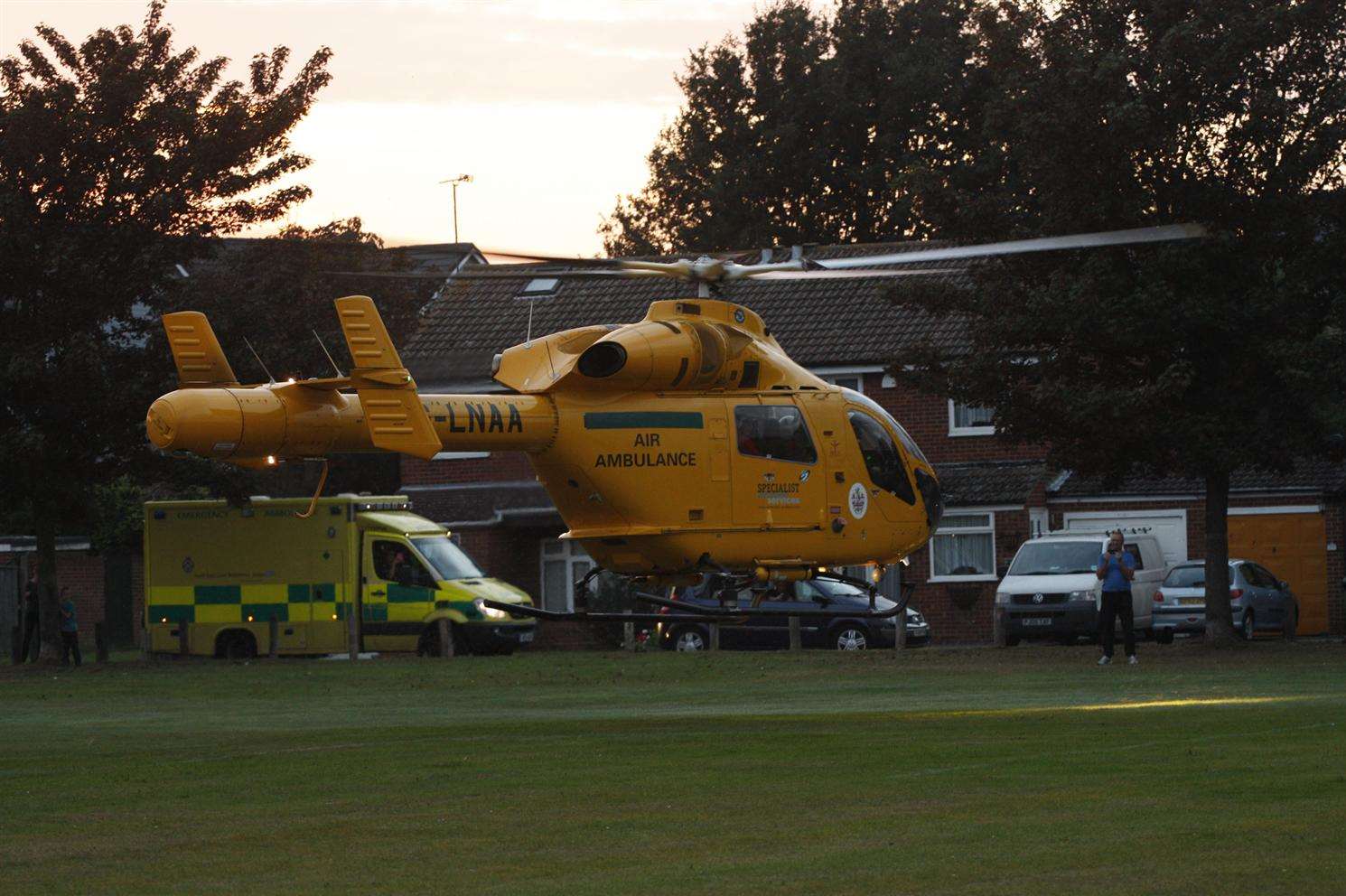 The air ambulance landing on Milton recreation ground