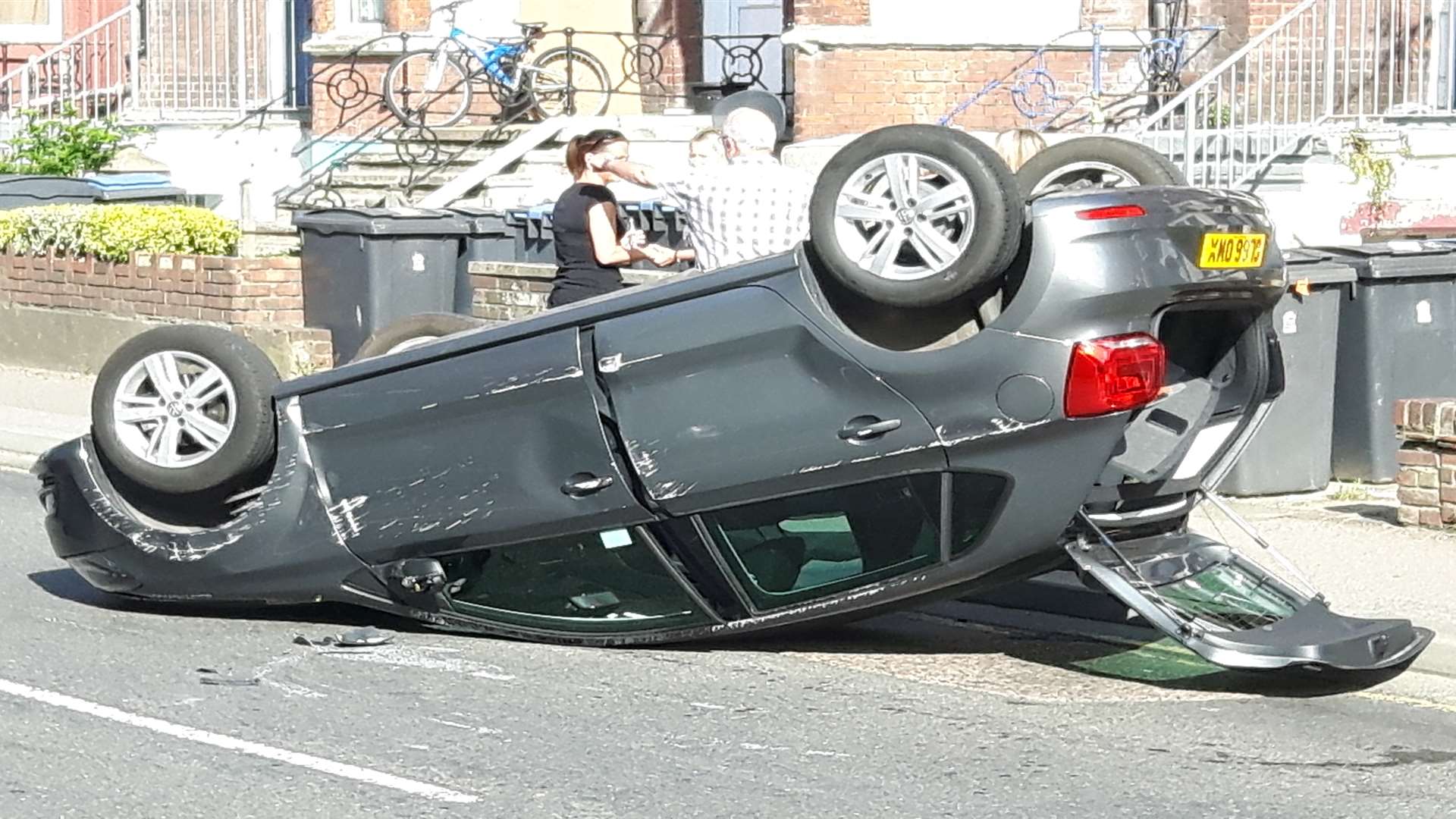 The car on its roof in Folkestone Road, Dover