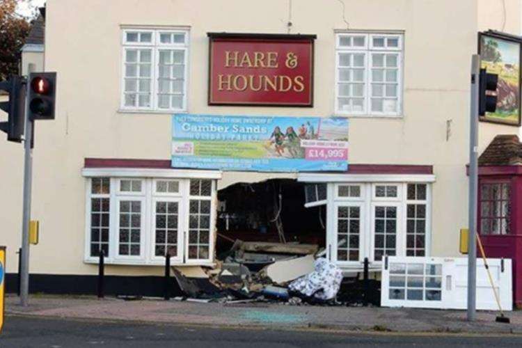 The damage caused to the Hare and Hounds pub in the crash