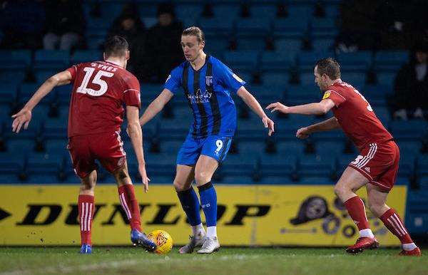Tom Eaves in action for the Gills against Accrington on Tuesday night Picture: Ady Kerry