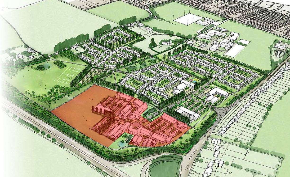 An aerial drawing showing the Perry Court development, with the employment land in red