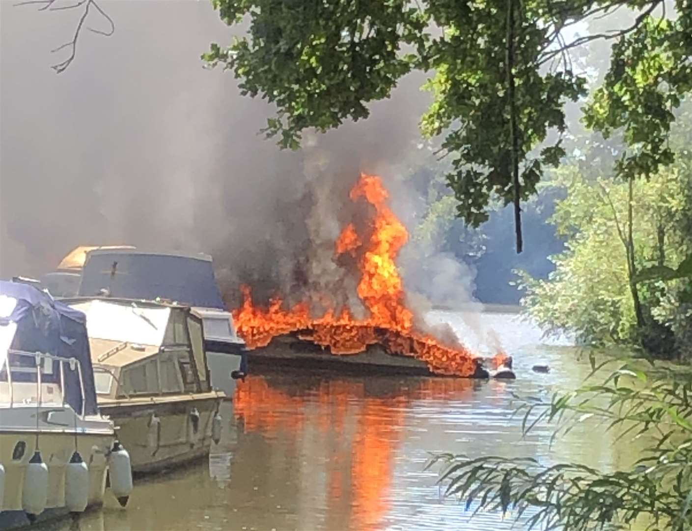 Multiple boats were on fire at Yalding marina. Picture: Jenny Barrow