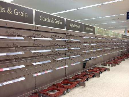 Empty bread shelves in Tesco, Gillingham