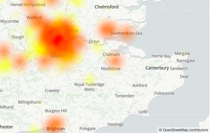 The map of the area hit by Virgin Media issues Picture: downdetector.co.uk