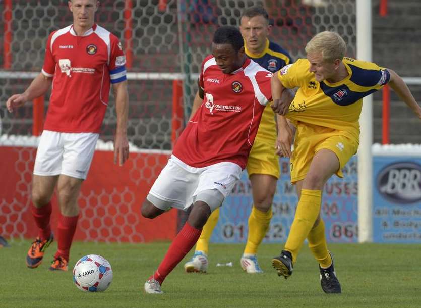 Osei Sankofa on the ball against Eastbourne in the FA Cup Picture: Andy Payton
