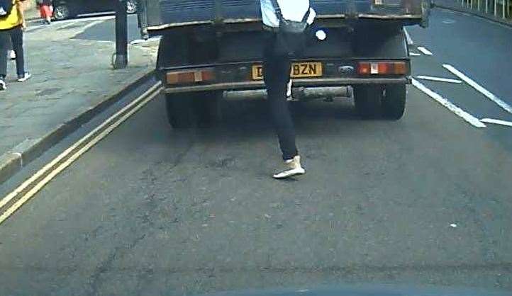 The shocking moment a lad mounts the back of a truck in Canterbury