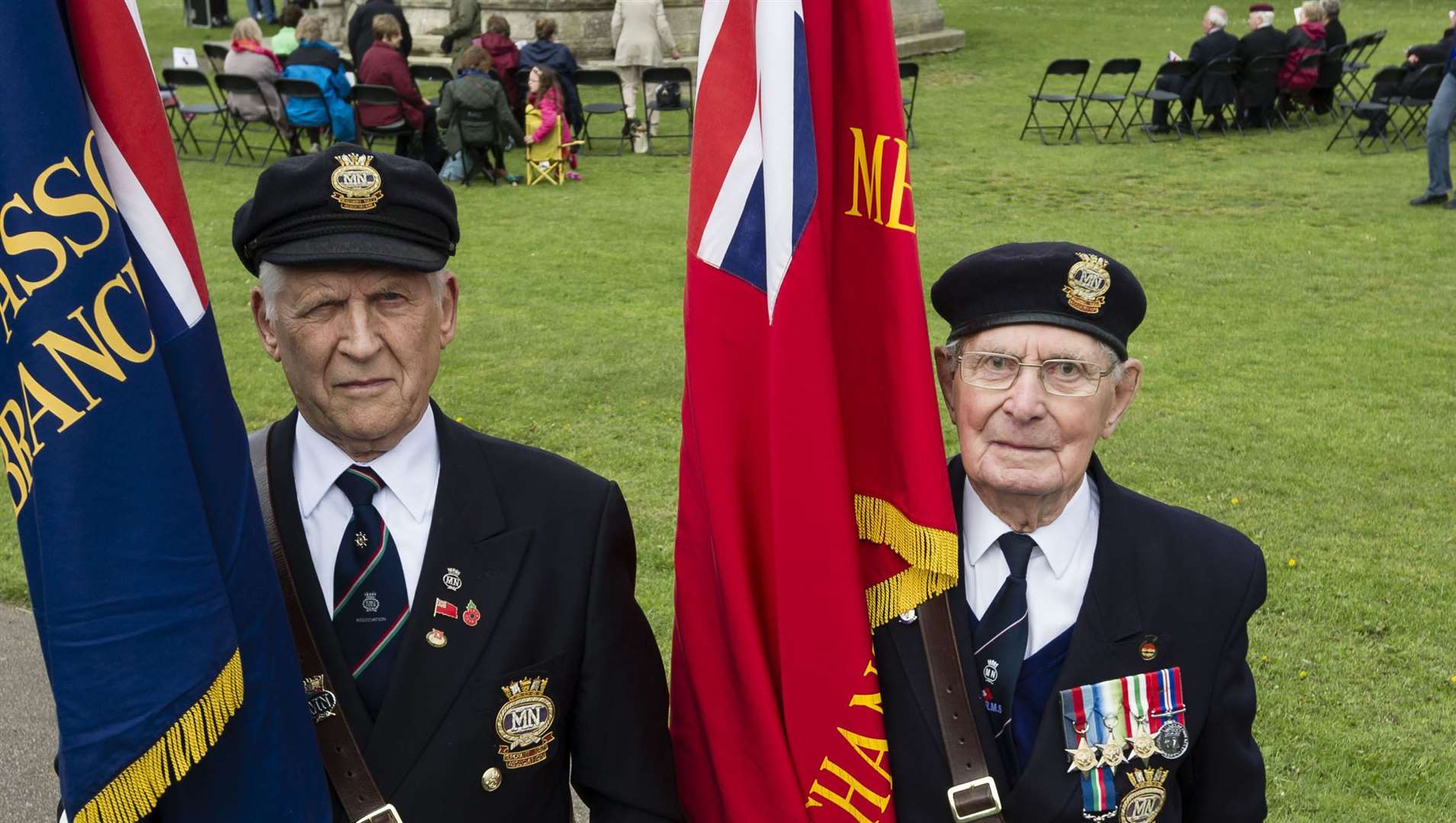 John Stanford, left, and Wallace Gooch marking the 70th Anniversary of VE Day, at Fort Gardens, Gravesend