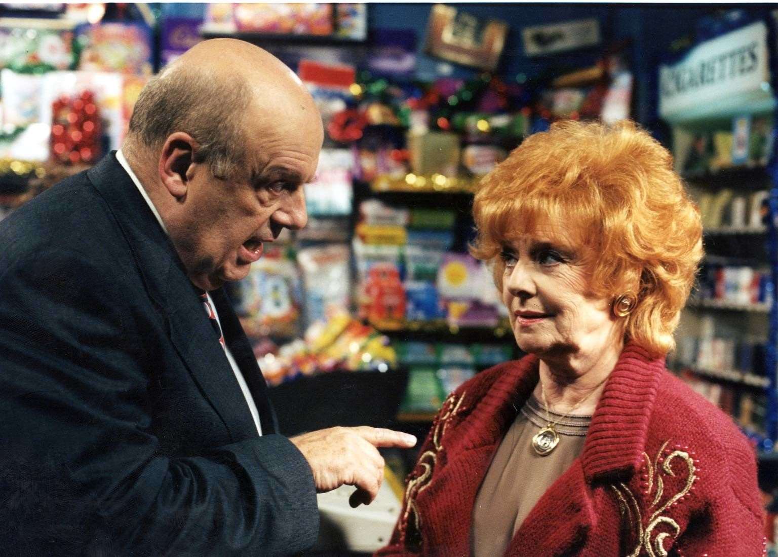 John Savident playing Fred Elliott alongside Barbara Knox playing Rita Sullivan in Coronation Street in 1996 (PA)