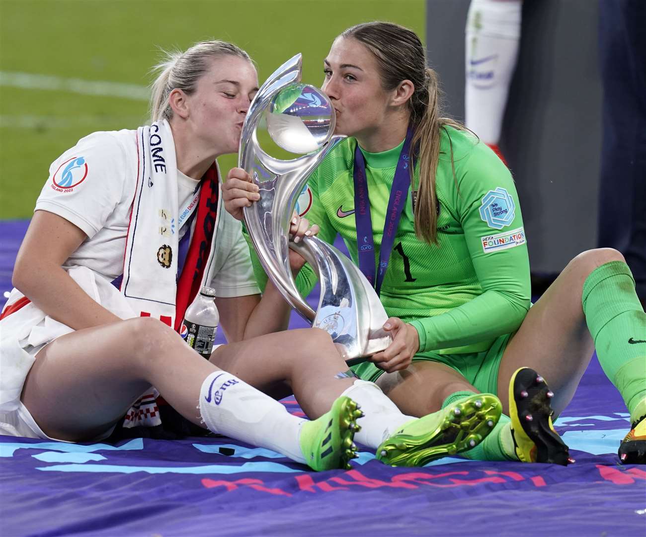 England's Alessia Russo and goalkeeper Mary Earps celebrate with the trophy following victory over Germany in the UEFA Women's Euro 2022 final at Wembley. Picture: PA Images.
