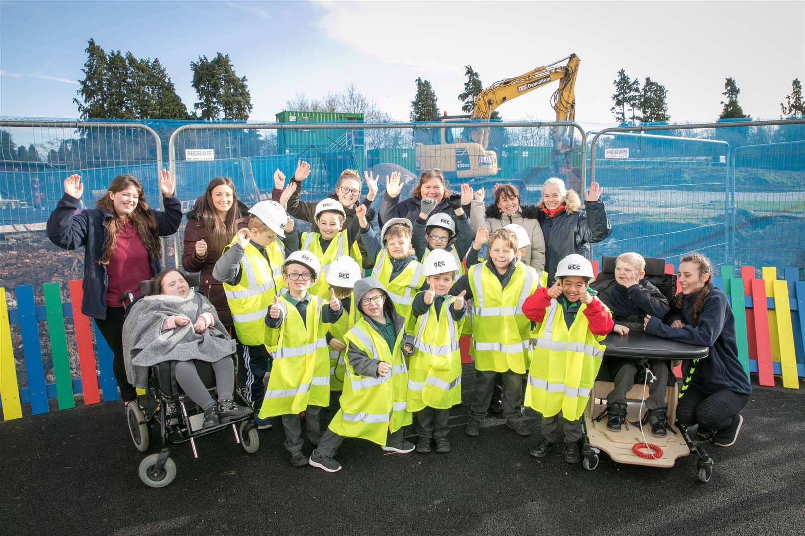 Pupils from the Kestrel class and staff celebrate work starting on the hydrotherapy pool Picture: Matthew Walker (28867390)