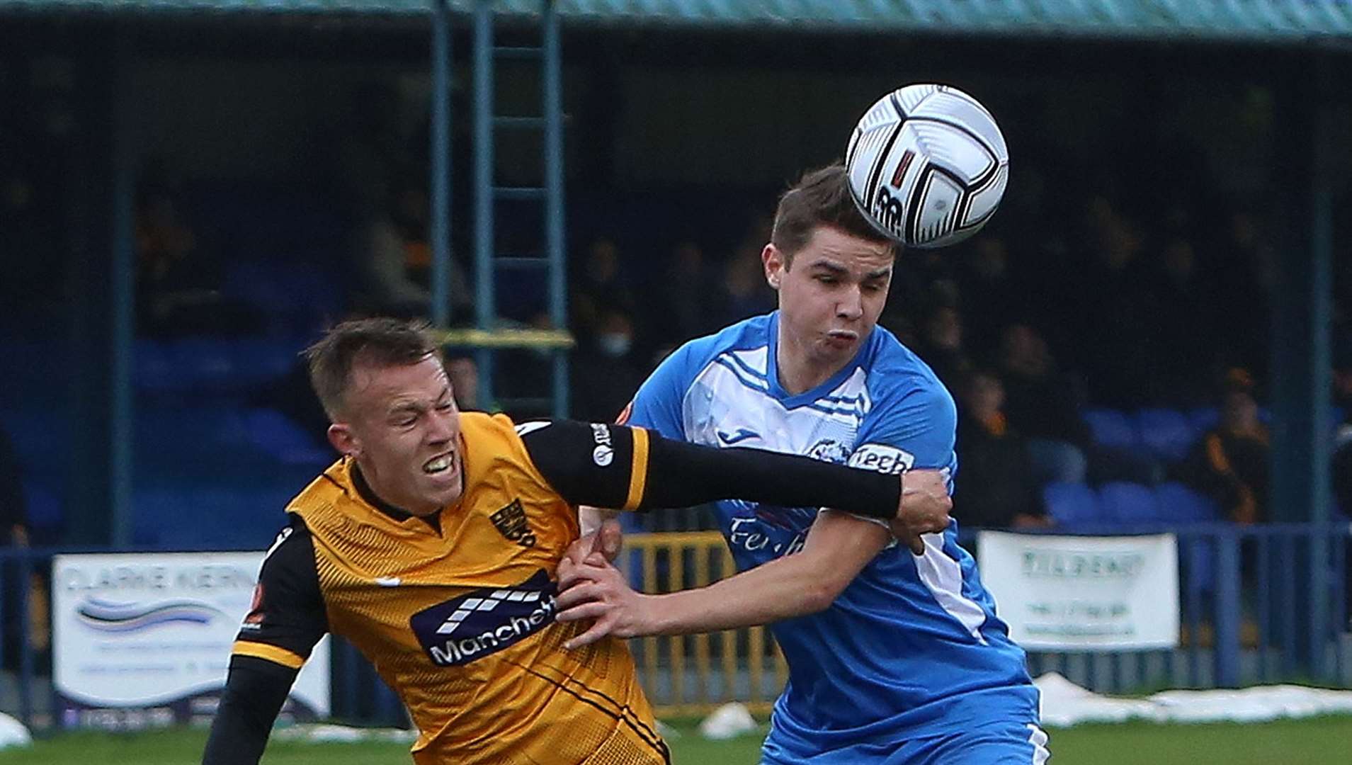 Former Maidstone and Tonbridge striker Jake Embery, right, scored on his Faversham debut. Picture: Dave Couldridge