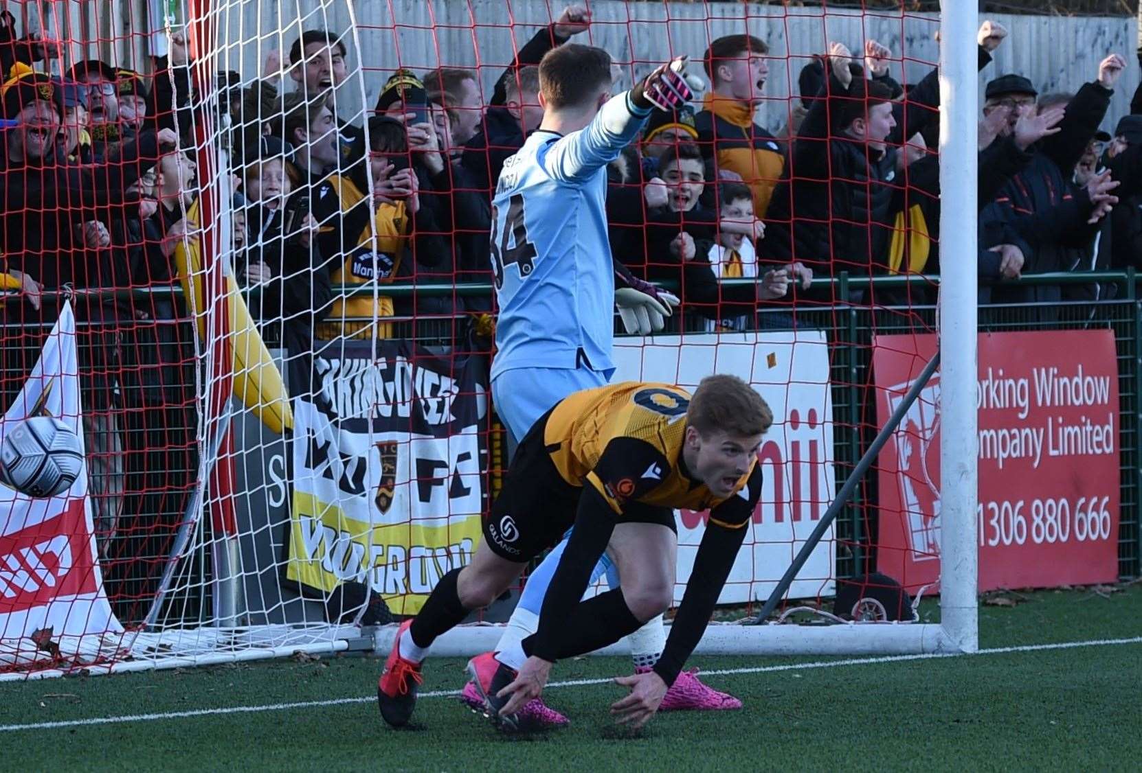 Maidstone's Jack Barham finds the net for a second time at Dorking but - once again - the goal is ruled out for offside. Picture: Steve Terrell