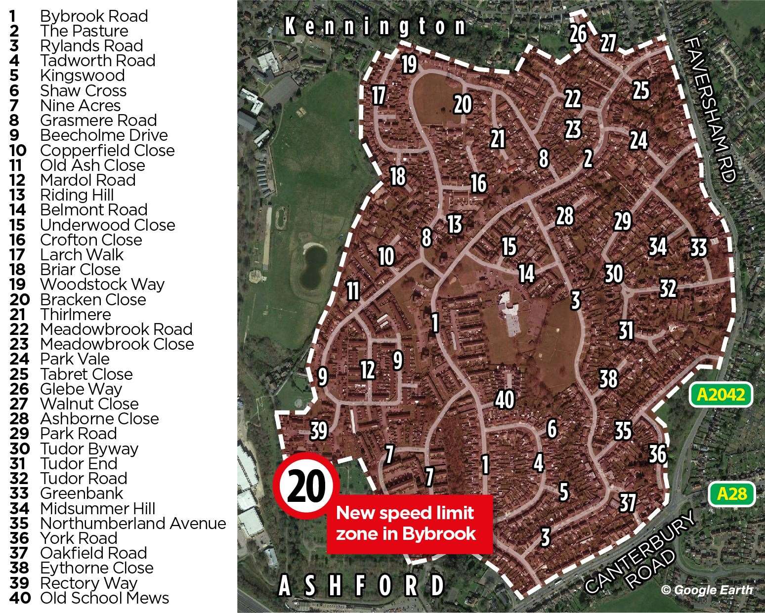 The 40 roads that will see changes in Kennington, Bybrook and Bockhanger; the area is currently covered by a 30mph limit