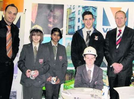 Pupils from the Charles Dickens School, Broadstairs, which is part of the Building Schools for the Future programme, with representatives of Andrew Clague, architects, and Verry Construction, at County Hall, Maidstone