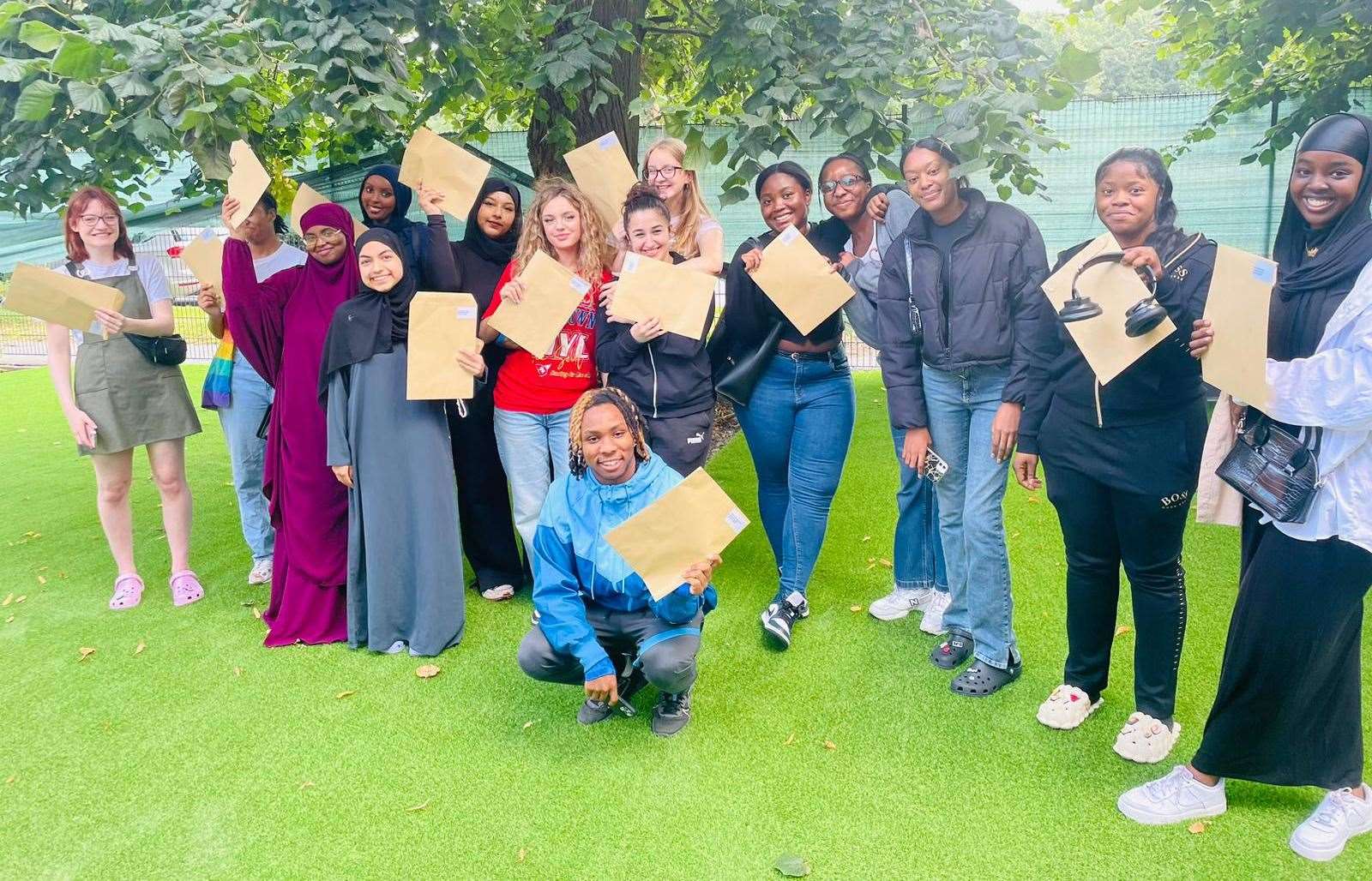 Pupils at Harris Girls&#x2019; Academy Bromley celebrate receiving their  test results