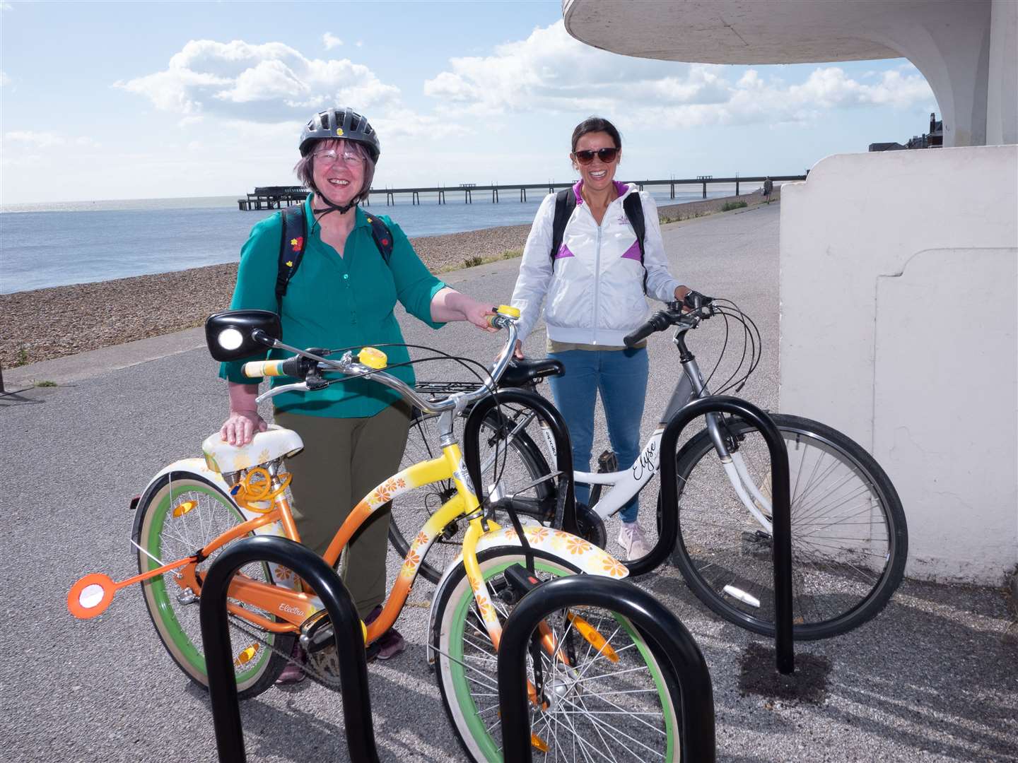 Deal Town Councillor Sue Beer and local resident Vanessa Hermidos are amongst the first to park in the new stands on the seafront.