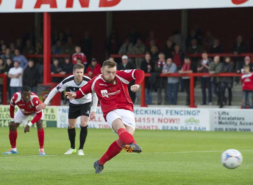 Billy Bricknell scores against Bromley in the play-off semi-final Picture: Andy Payton
