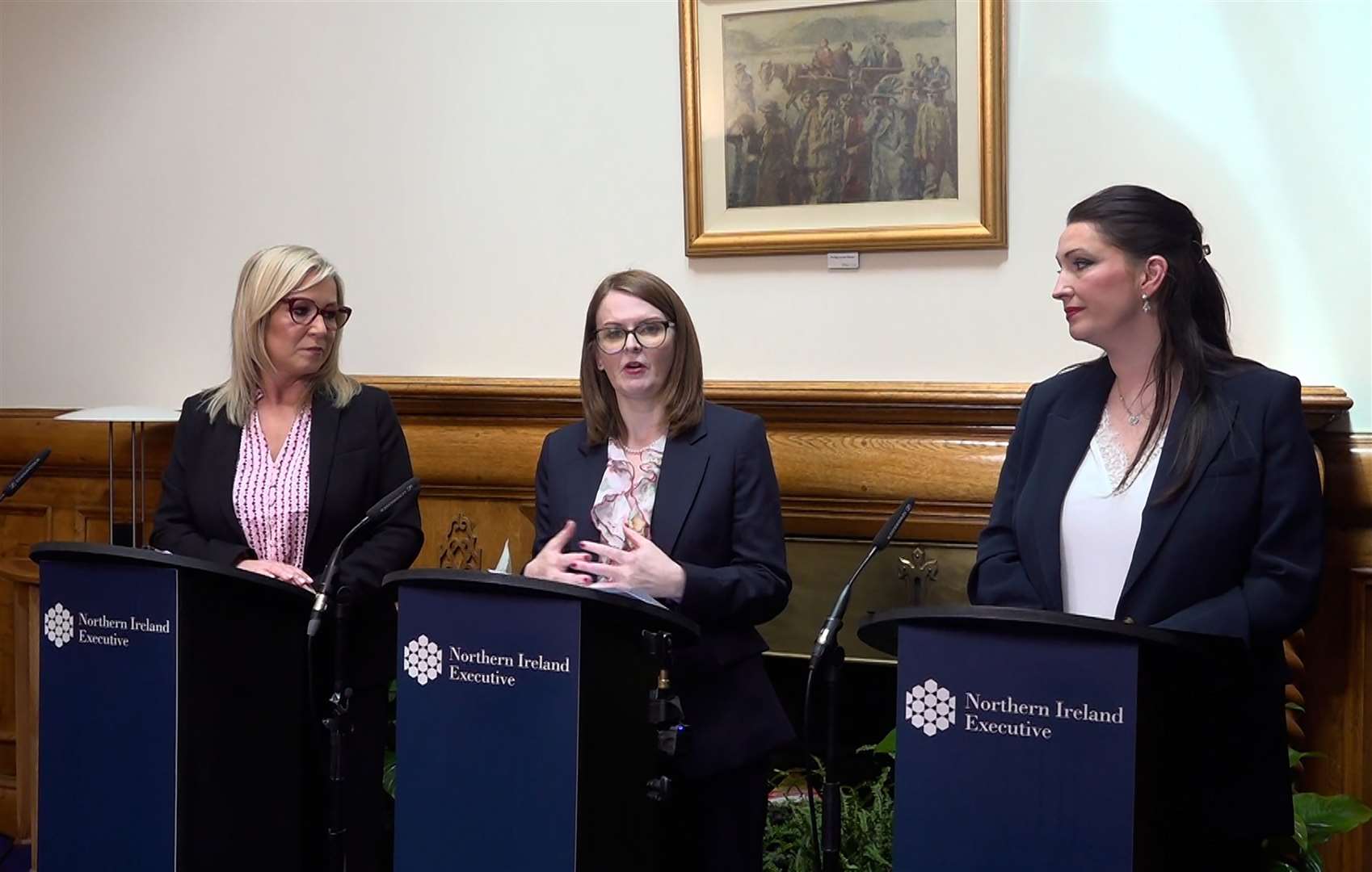 First Minister Michelle O’Neill (left) deputy First Minister Emma Little-Pengelly (right) and Finance Minister Caoimhe Archibald announcing details of the budget (David Young/PA)