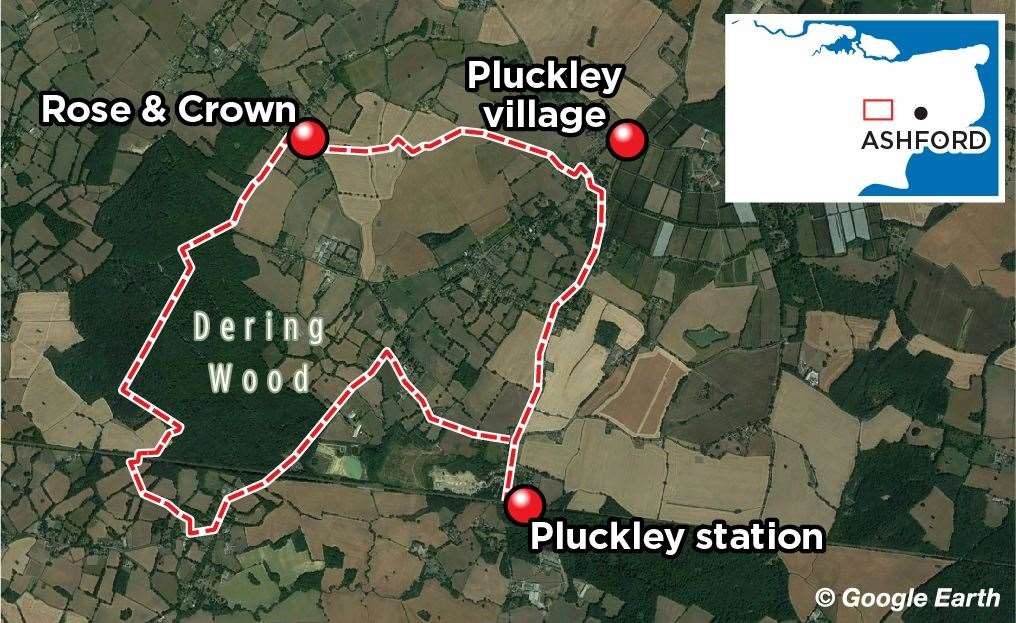 The route of Rhys Griffiths' walk around Pluckley and Dering Wood