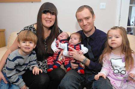 Victoria Eldridge and Paul Shaw with new twins Nicholas and Matthew and three-year-old William and Isabel