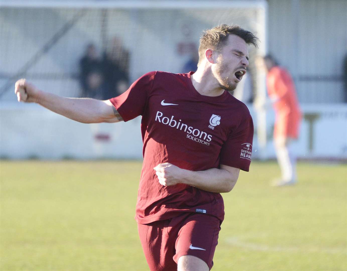 Canterbury midfielder Chris Saunders celebrates his stunning equaliser in the FA Vase Picture: Paul Amos