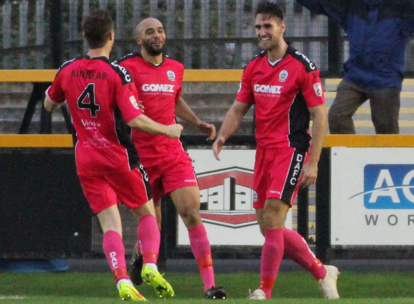 Sean Francis, right, is all smiles after scoring for Dover at Southport earlier this season