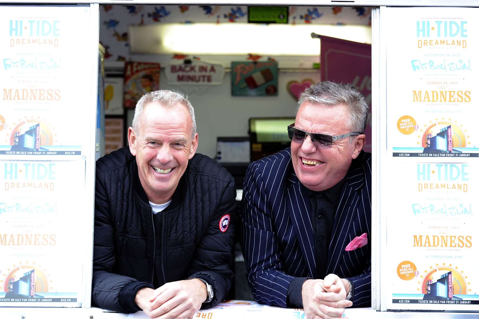 Fatboy Slim and Suggs and gave away 100 free tickets from an ice cream van earlier this month