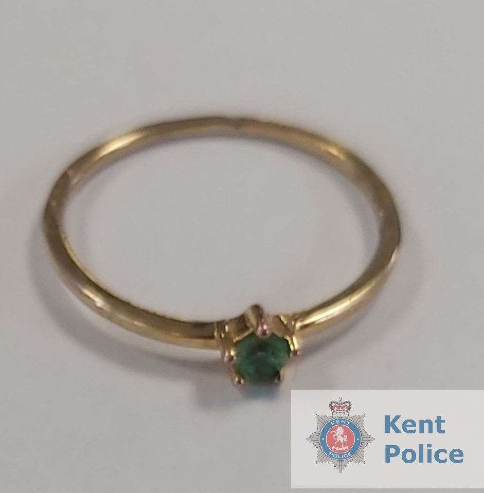 Gold ring with an emerald stone recovered by police in Benstead, Ashford