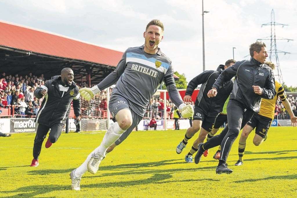 Lee Worgan celebrates his winning penalty save in the 2016 National League South play-off final at Ebbsfleet. Picture: Gary Browne.