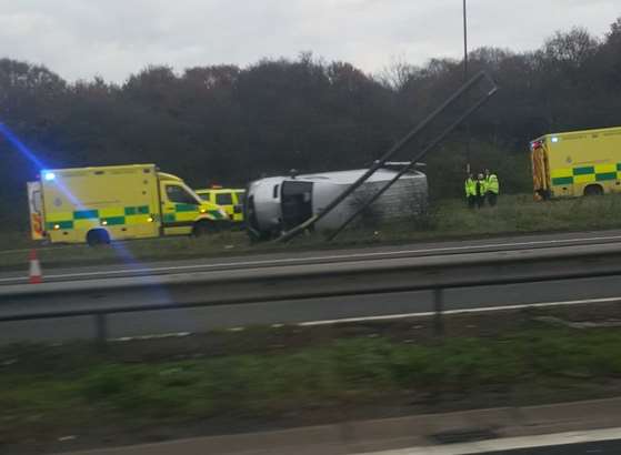 The van that's overturned at Dartford. Picture: @deano2400