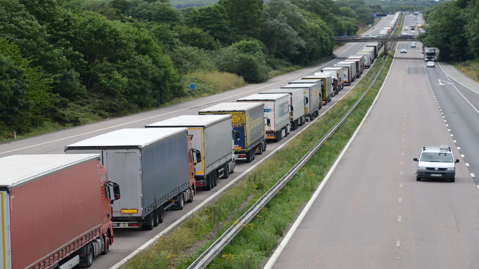 Lorries queing coast bound between junction 9 and junction 10 in Ashford during Operation Stack