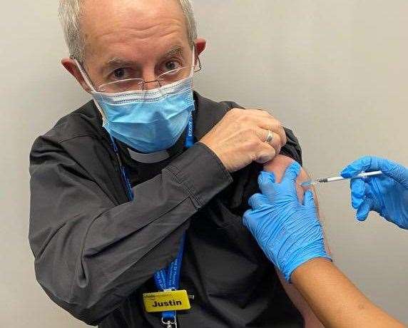 Archbishop of Canterbury Justin Welby, receiving his Covid vaccine at St Thomas' Hospital in London. Picture: Twitter/@JustinWelby