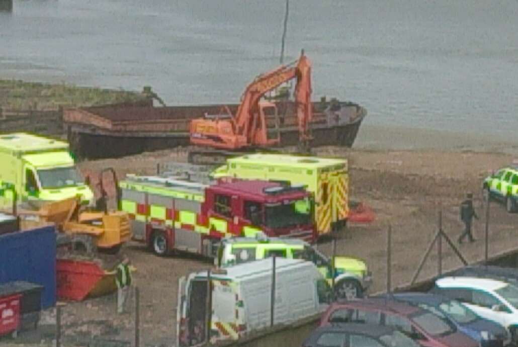 Emergency services at the scene after man falls in river. Picture: Stuart Weston