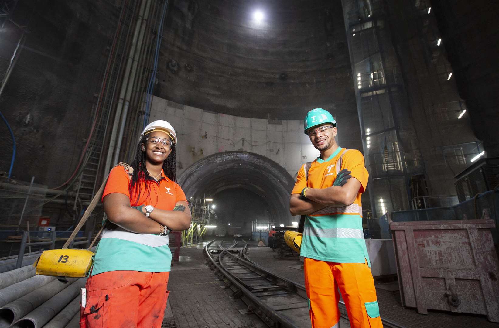 Wes Nelson meets apprentice civil engineer Kayla Browne during a visit to Tideway’s new ‘super sewer’ in Fulham, south-west London (Matt Alexander/PA)