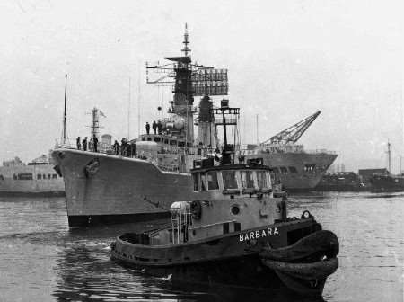 The tug Barbara helps the frigate HMS Lincoln to berth at Chatham Dockyard in April, 1973