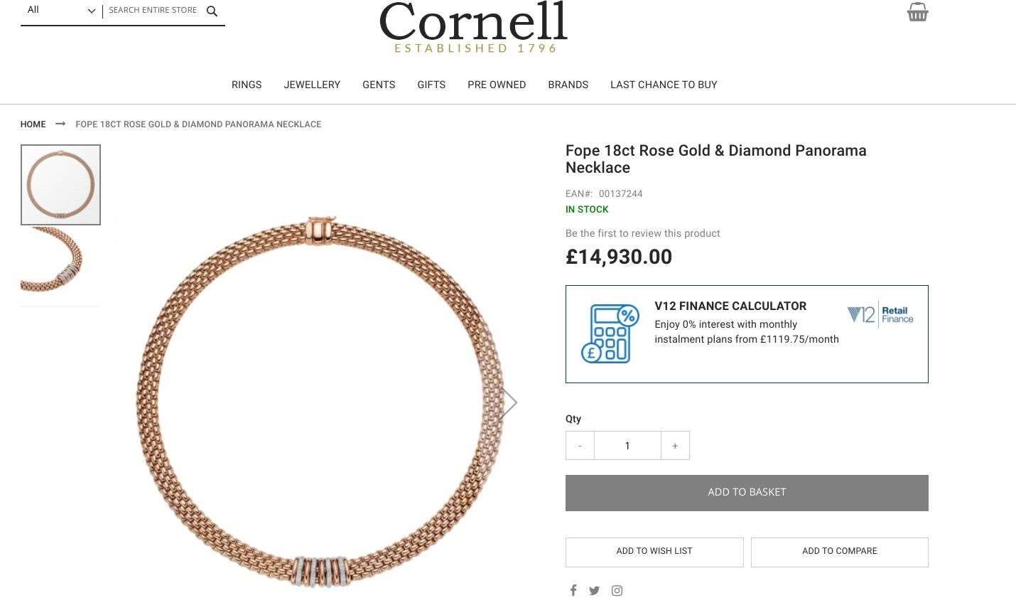 The most expensive item on the jeweller's online website is a rose gold necklace for £14,930. Picture: Cornell & Sons