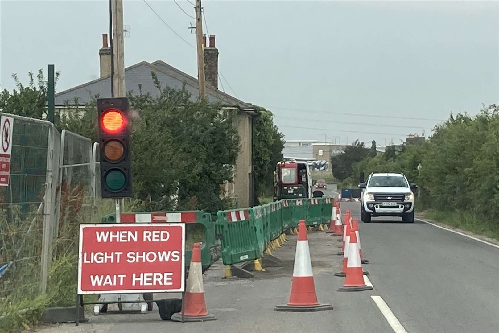 Temporary traffic lights for roadworks on the A250 Queenborough Road