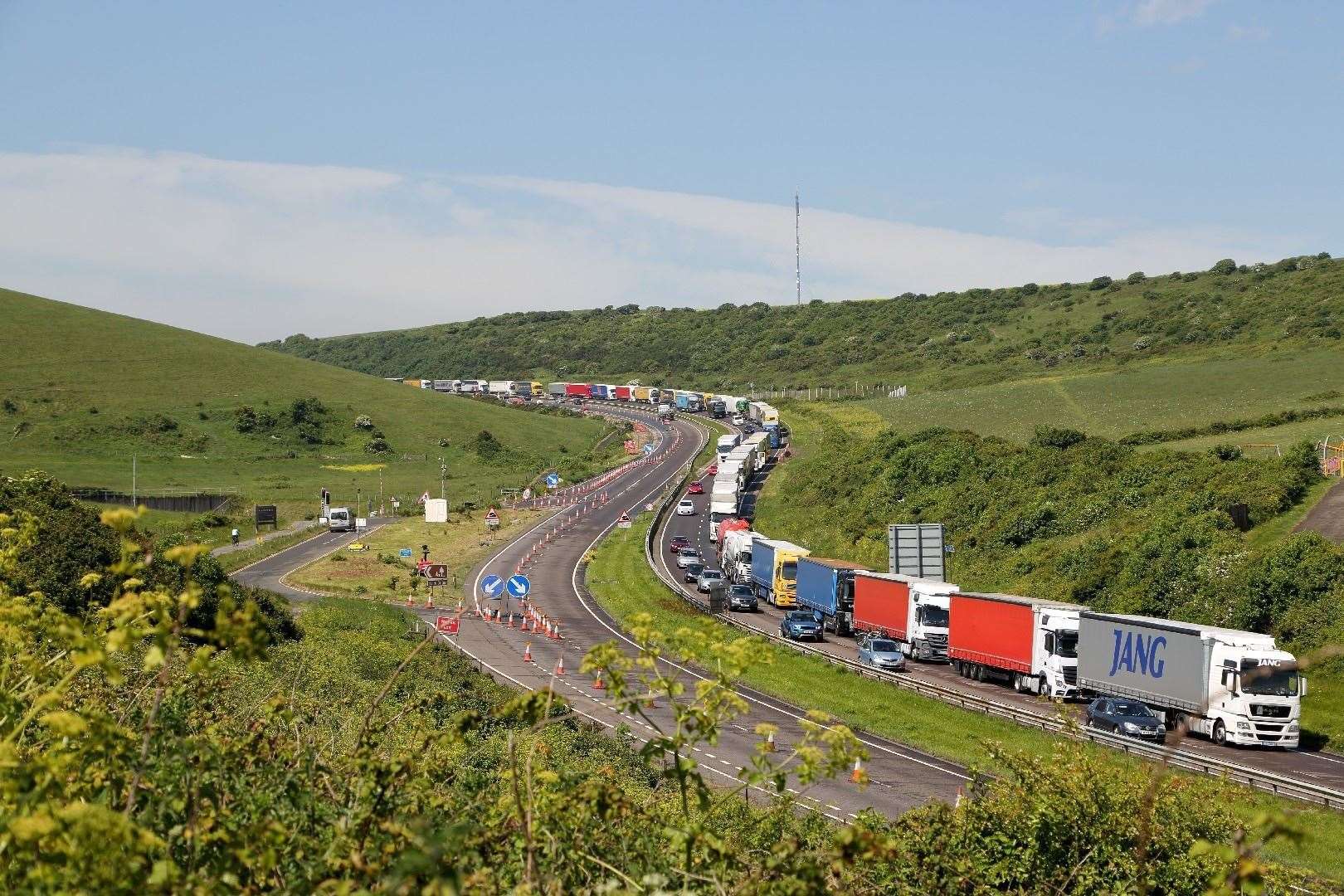 WARNING SMALL FILE SIZE..KMG GROUP USE ONLY..Conditions of Use: ..Slug: HORNS DO 020617..Caption: Lorries queued up on the A20 near Aycliffe, Dover, during Dover TAP...Location: Dover..Category: Environment Issues..Byline: Roger Golding (please credit)..Contact Name: Roger Golding..Contact Email: golding@tiscali.co.uk..Contact Phone: not supplied..Uploaded By: Sam LENNON..Copyright: Roger Golding..Original Caption:.... FM4796226. (43639815)