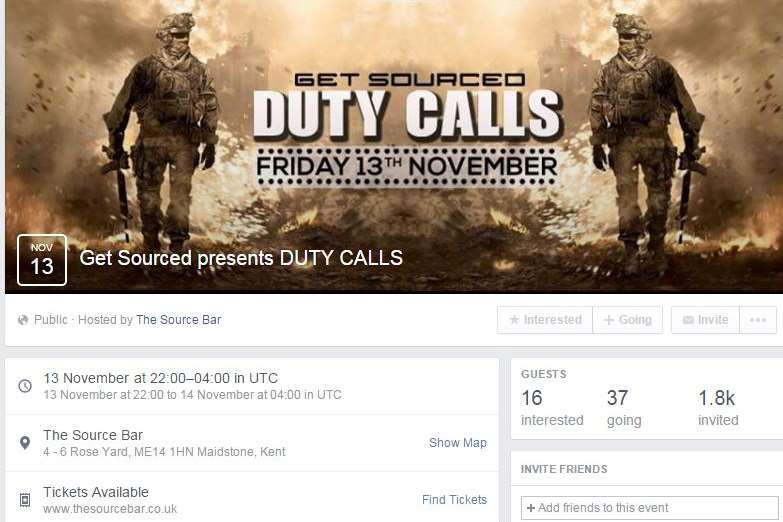 The Facebook page for the Source Bar's Duty Calls night