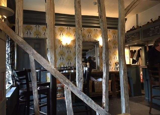 You can’t get much more traditional than these ancient beams but the rest of the decoration keeps the pub light and bright