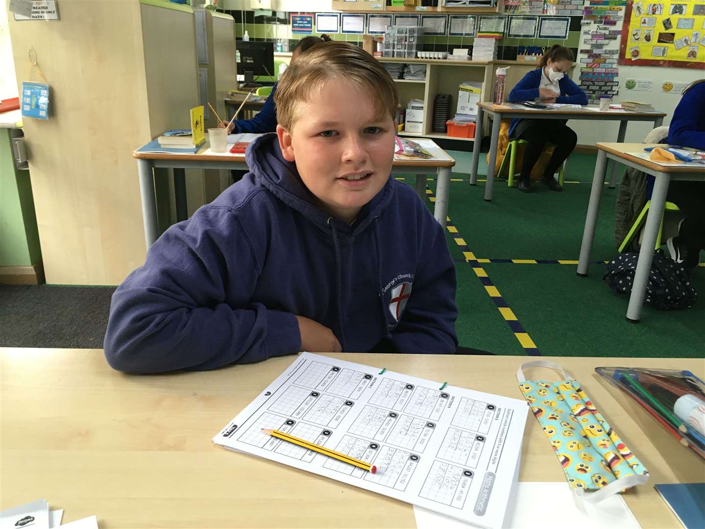 Oliver Huggins, 10, back at his desk at St George's CE Primary School in Minster, Sheppey