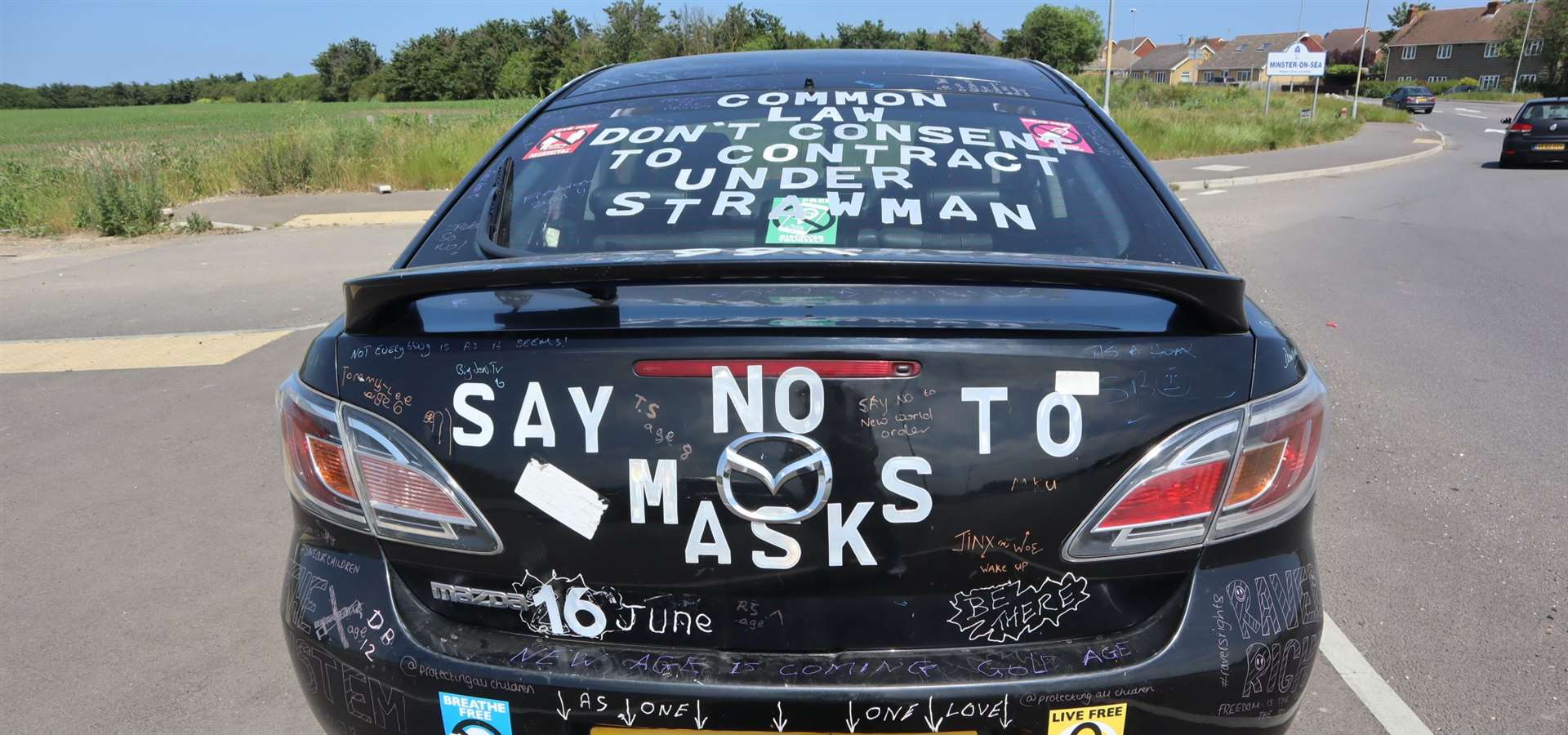 'Say no to masks'. One of the messages on the boot of the 'anti-covid' car parked at the Lower Road roundabout at Minster, Sheppey