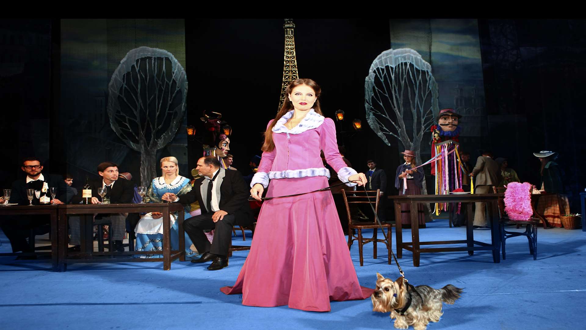 French international soprano Olga Perrier with her own dog Julius in rehearsals for the Ellen Kent production, La Boheme
