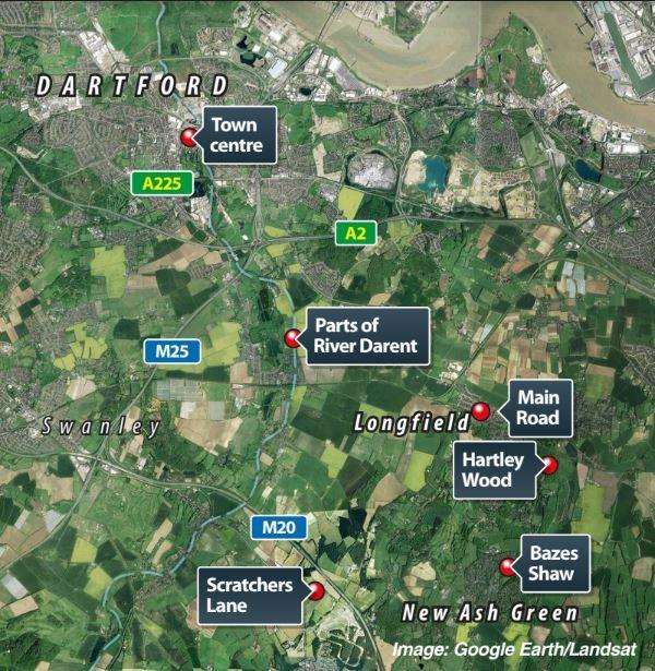 The areas searched by police as they continue to look for clues to the disappearance of Sarah Wellgreen